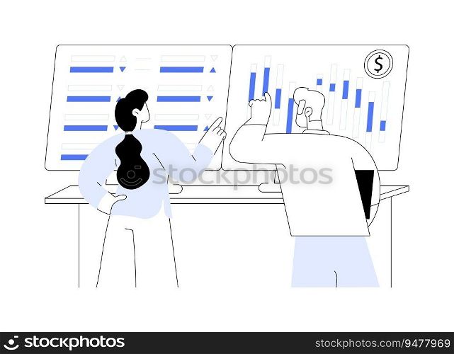 Stock market predictions abstract concept vector illustration. Group of data analysts examines stock market prices, looking at infographics on laptop screen, finance sector abstract metaphor.. Stock market predictions abstract concept vector illustration.