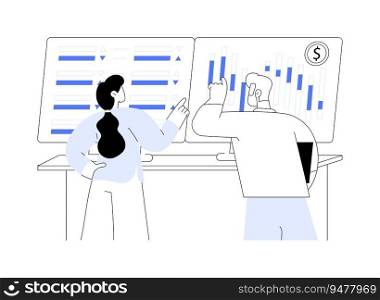 Stock market predictions abstract concept vector illustration. Group of data analysts examines stock market prices, looking at infographics on laptop screen, finance sector abstract metaphor.. Stock market predictions abstract concept vector illustration.