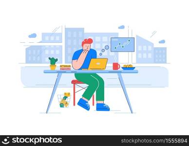Stock market trading semi flat RGB color vector illustration. Young analyst, freelancer with laptop isolated cartoon character on white background. Remote job online. Worker analysing business data. Stock market trading semi flat RGB color vector illustration