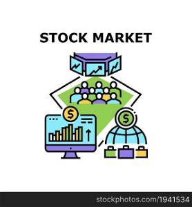 Stock Market Vector Icon Concept. Stock Market Commerce And Business, Analysis Trade Infographic On Computer Screen And World International Investment Management Color Illustration. Stock Market Vector Concept Color Illustration