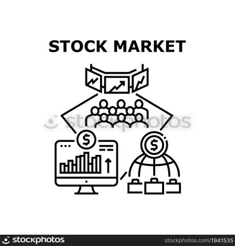 Stock Market Vector Icon Concept. Stock Market Commerce And Business, Analysis Trade Infographic On Computer Screen And World International Investment Management Black Illustration. Stock Market Vector Concept Black Illustration