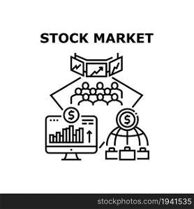 Stock Market Vector Icon Concept. Stock Market Commerce And Business, Analysis Trade Infographic On Computer Screen And World International Investment Management Black Illustration. Stock Market Vector Concept Black Illustration