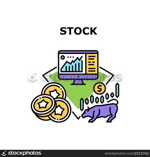 Stock Market Vector Icon Concept. Trade Stock Market Infographic Businessman Researching On Computer In Internet Online. Earning Money, Commercial Economy Occupation Color Illustration. Stock Market Vector Concept Color Illustration