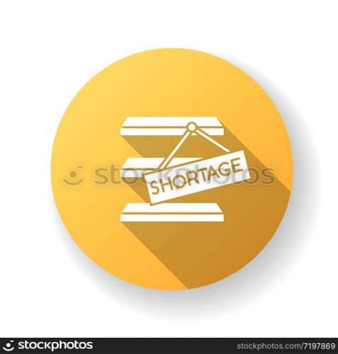 Stock shortage yellow flat design long shadow glyph icon. Merchandise lack, goods limited quantity, empty storehouse. Commerce, retail, consumerism. Silhouette RGB color illustration