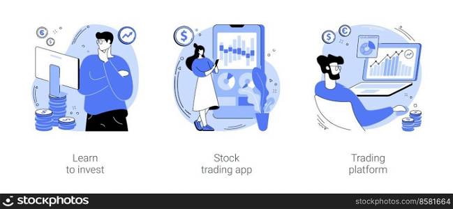 Stock trade isolated cartoon vector illustrations set. Learn to invest money, stock exchange market for beginners, stock trading app, use online trading platform, diagram on screen vector cartoon.. Stock trade isolated cartoon vector illustrations se