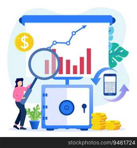 Stock trading concept flat style vector illustration. Businessman Analyzing Stock Market with Charts, Charts and Diagrams Investing in Stocks.