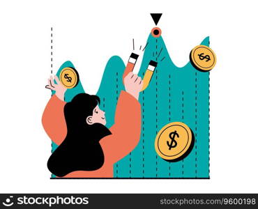 Stock trading concept with character situation. Woman analyzes financial chart and attracts positive trend with magnet to increases income. Vector illustration with people scene in flat design for web