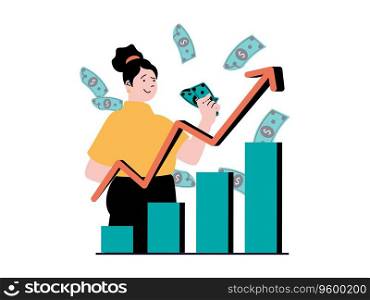 Stock trading concept with character situation. Woman trader earning on stock exchange, successful financial strategy and investment. Vector illustration with people scene in flat design for web