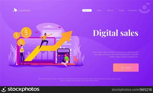 Stock trading, income growth. ROI, investment increasing. Business profits calculation. Demand planning, demand analytics, digital sales forecast concept. Website homepage header landing web page template.. Demand planning landing page template