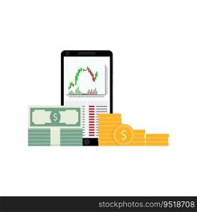 Stock trading on smartphone. Stock financial chart market, graph trade. Vector illustration. Stock trading on smartphone
