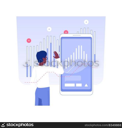 Stock trading platform isolated concept vector illustration. Stock market trader with smartphone using special app, financial literacy, investment process, raising money vector concept.. Stock trading platform isolated concept vector illustration.