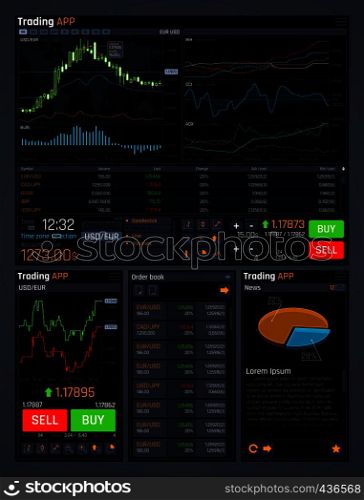 Stock trading vector concept ui with analyze data tools and financial forex market charts. Finance market data, diagram and chart, trade financial graph illustration. Stock trading vector concept ui with analyze data tools and financial forex market charts
