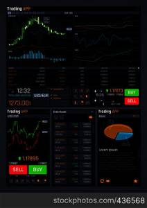 Stock trading vector concept ui with analyze data tools and financial forex market charts. Finance market data, diagram and chart, trade financial graph illustration. Stock trading vector concept ui with analyze data tools and financial forex market charts