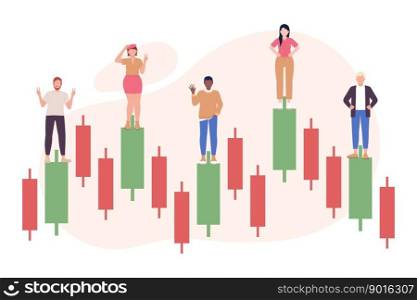Stock trends loader flat concept vector illustration. Investors on candlestick chart. Flash message with flat 2D characters on cartoon isolated background. Editable image for mobile, website UX design. Stock trends loader flat concept vector illustration
