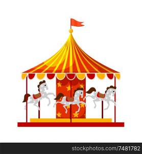 Stock Vector Cartoon children&rsquo;s fun colorful carousel with horses. Children playing a traditional carousel isolate on a white background.