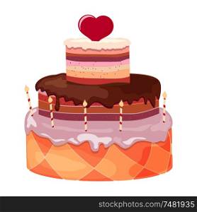 Stock Vector Cartoon festive sweet cake with candles and red heart on a white background. Birthday Symbol, Valentine&rsquo;s Day