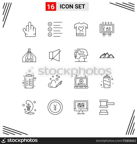 Stock Vector Icon Pack of 16 Line Signs and Symbols for circus, tant, shrit, publicity, marketing Editable Vector Design Elements