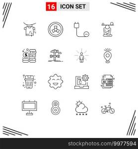Stock Vector Icon Pack of 16 Line Signs and Symbols for coins, mindfulness, devices, mind, concentration Editable Vector Design Elements