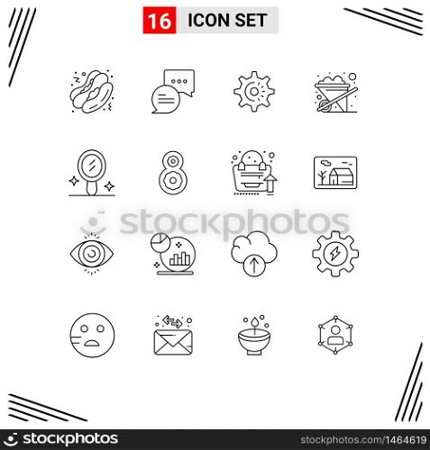 Stock Vector Icon Pack of 16 Line Signs and Symbols for flower, eight, setting, mirror, wheelbarrow Editable Vector Design Elements