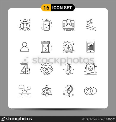 Stock Vector Icon Pack of 16 Line Signs and Symbols for mane, sportsman, letter, skiing, activity Editable Vector Design Elements