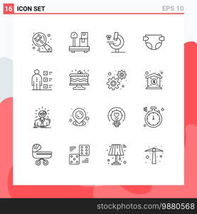 Stock Vector Icon Pack of 16 Line Signs and Symbols for professional, employee, microscope, checklist, nappy Editable Vector Design Elements