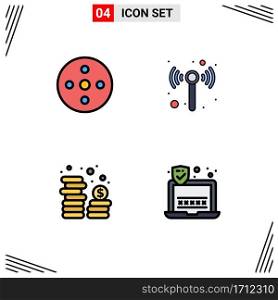 Stock Vector Icon Pack of 4 Line Signs and Symbols for camera reel, money, storage, wireless, password Editable Vector Design Elements