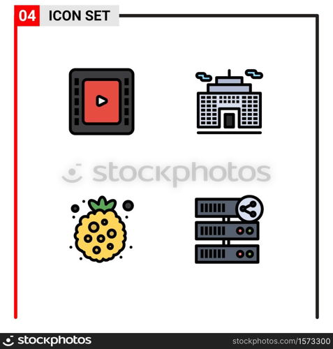 Stock Vector Icon Pack of 4 Line Signs and Symbols for cienma tape, raspberry, building, berry, share Editable Vector Design Elements