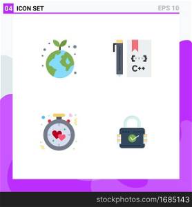 Stock Vector Icon Pack of 4 Line Signs and Symbols for earth, clock, plant, coding, alarm Editable Vector Design Elements
