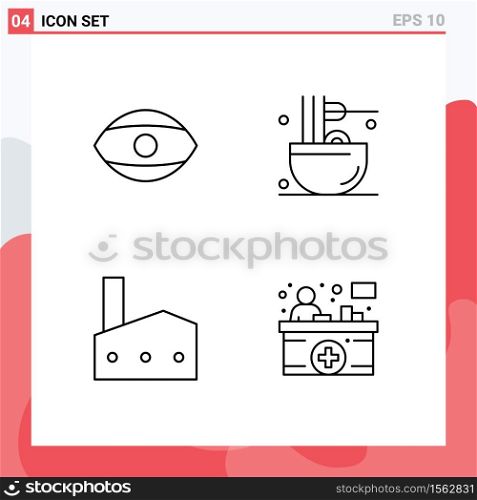 Stock Vector Icon Pack of 4 Line Signs and Symbols for eye, factory, vision, food, industrial plant Editable Vector Design Elements