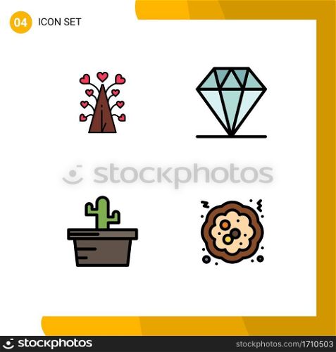 Stock Vector Icon Pack of 4 Line Signs and Symbols for love, nature, valentine, diamond, cake Editable Vector Design Elements