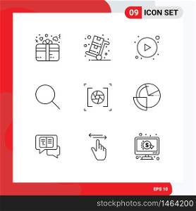 Stock Vector Icon Pack of 9 Line Signs and Symbols for aperture, ui, trolley, basic, search Editable Vector Design Elements