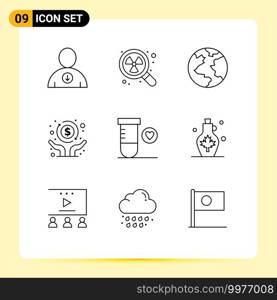 Stock Vector Icon Pack of 9 Line Signs and Symbols for beverage, science, planet, heart, freedom Editable Vector Design Elements