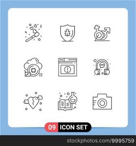 Stock Vector Icon Pack of 9 Line Signs and Symbols for data, processor, shield, cloud, gander Editable Vector Design Elements