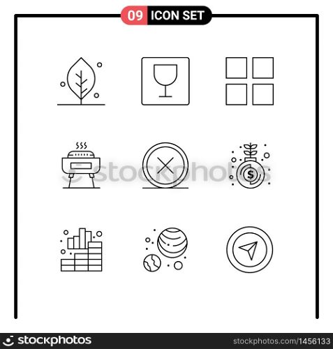 Stock Vector Icon Pack of 9 Line Signs and Symbols for delete, close, layout, circle, festivity Editable Vector Design Elements