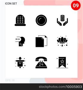 Stock Vector Icon Pack of 9 Line Signs and Symbols for document, mind, hand, medical, health Editable Vector Design Elements