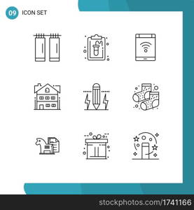 Stock Vector Icon Pack of 9 Line Signs and Symbols for drawing, home, internet, building, house Editable Vector Design Elements