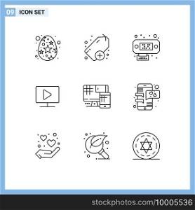 Stock Vector Icon Pack of 9 Line Signs and Symbols for education, monitor, data, computer, video Editable Vector Design Elements