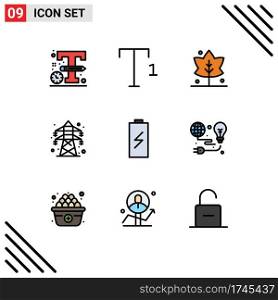 Stock Vector Icon Pack of 9 Line Signs and Symbols for electricity, charging, giving, charge, transmission tower Editable Vector Design Elements