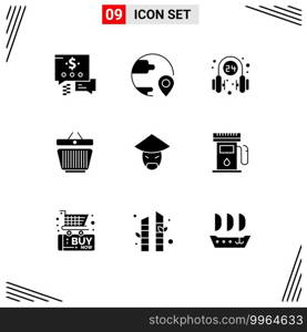 Stock Vector Icon Pack of 9 Line Signs and Symbols for emperor, shopping, headphone, retail, supporter Editable Vector Design Elements