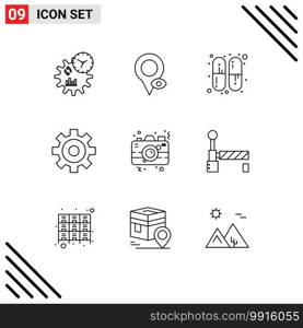 Stock Vector Icon Pack of 9 Line Signs and Symbols for flag, picture, capsule, photo, camera Editable Vector Design Elements