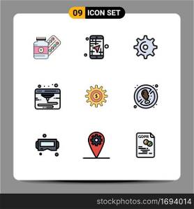 Stock Vector Icon Pack of 9 Line Signs and Symbols for gear, web, direction, internet, spin Editable Vector Design Elements