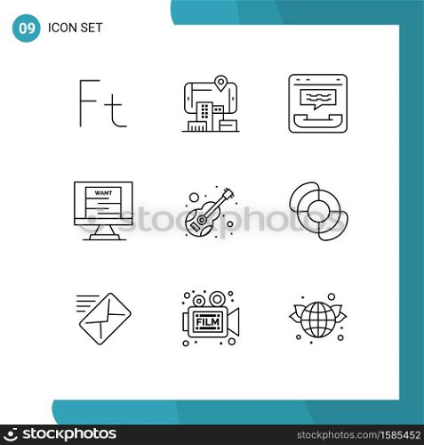 Stock Vector Icon Pack of 9 Line Signs and Symbols for guitar, technology, call, poster, help Editable Vector Design Elements