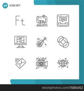 Stock Vector Icon Pack of 9 Line Signs and Symbols for guitar, technology, call, poster, help Editable Vector Design Elements