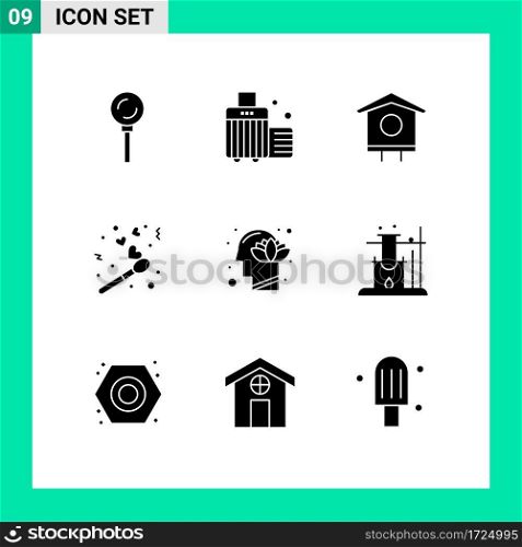 Stock Vector Icon Pack of 9 Line Signs and Symbols for head, valentine fire, house, match, holiday Editable Vector Design Elements
