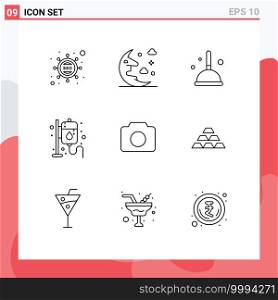 Stock Vector Icon Pack of 9 Line Signs and Symbols for image, pharmacy, broom, medicine, drip Editable Vector Design Elements