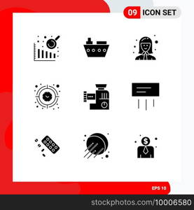 Stock Vector Icon Pack of 9 Line Signs and Symbols for kitchen, timer, female worker, time, focus Editable Vector Design Elements