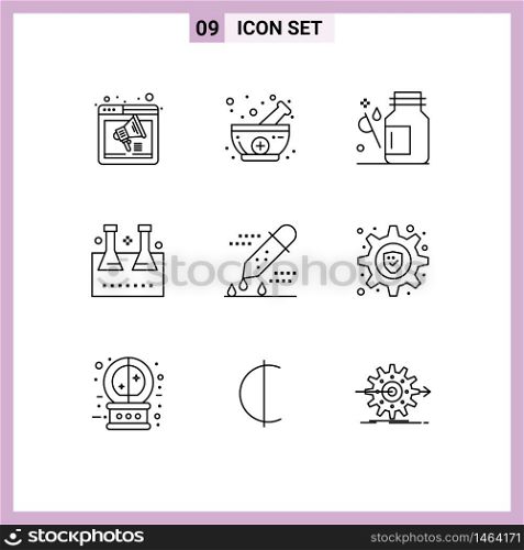 Stock Vector Icon Pack of 9 Line Signs and Symbols for lab glassware, erlenmeyer flask, natural, chemical flask, medical Editable Vector Design Elements