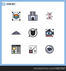 Stock Vector Icon Pack of 9 Line Signs and Symbols for mountain, landscape, travelling, hill, hour Editable Vector Design Elements