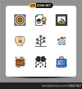 Stock Vector Icon Pack of 9 Line Signs and Symbols for nature, forest, image, brian, knowledge Editable Vector Design Elements