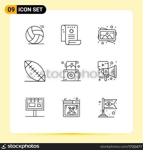Stock Vector Icon Pack of 9 Line Signs and Symbols for photo, sport, report, football, photo Editable Vector Design Elements
